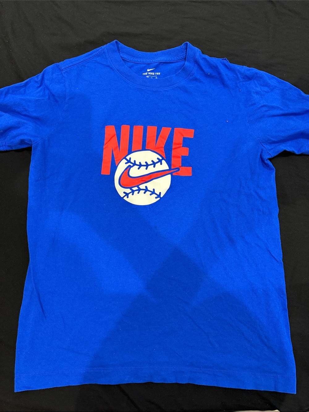 Nike Men’s Blue Short Sleeve Tee with Red Logo and White Baseball Graphic